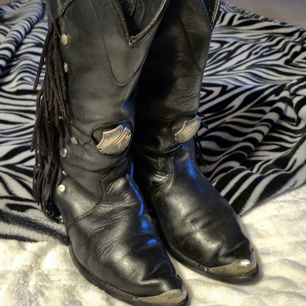 Vintage Harley Davidson Womens High Fringe Western Boots Black Leather size7-7.5